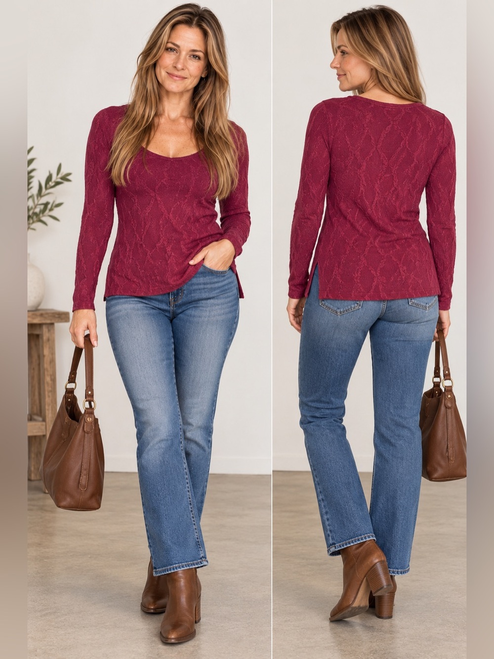 Simply Vera Vera Wang Burgundy Textured Long Sleeve Top Size S
